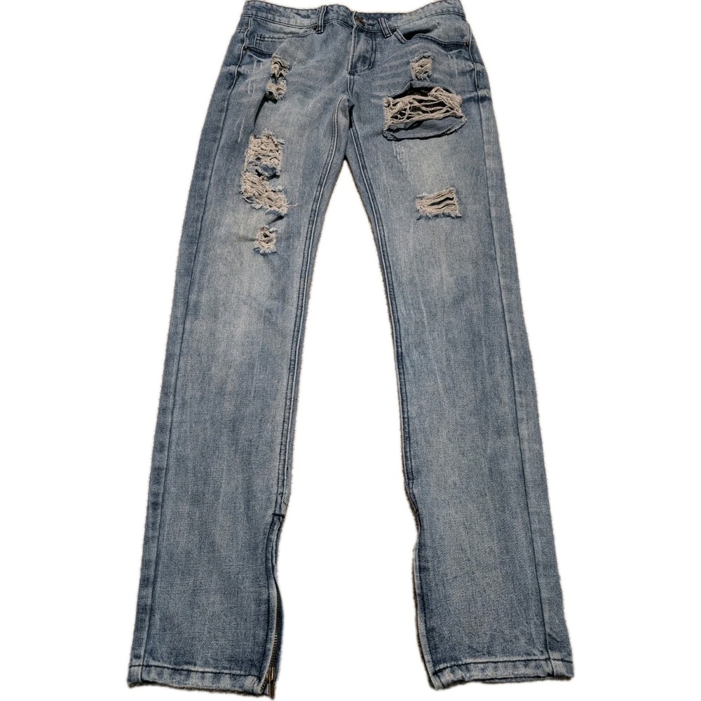 Young & Reckless Blue Jeans 33x33 Skinny  Washed Distressed Zipper Legs